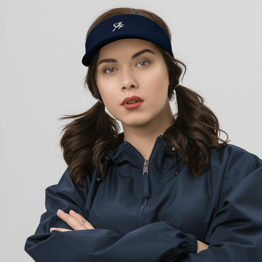 Woman wearing a navy blue jacket and headband with a logo on a light gray background