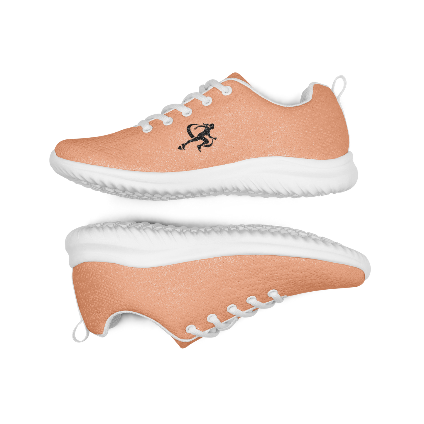 Coral running shoe with white laces on a reflective surface