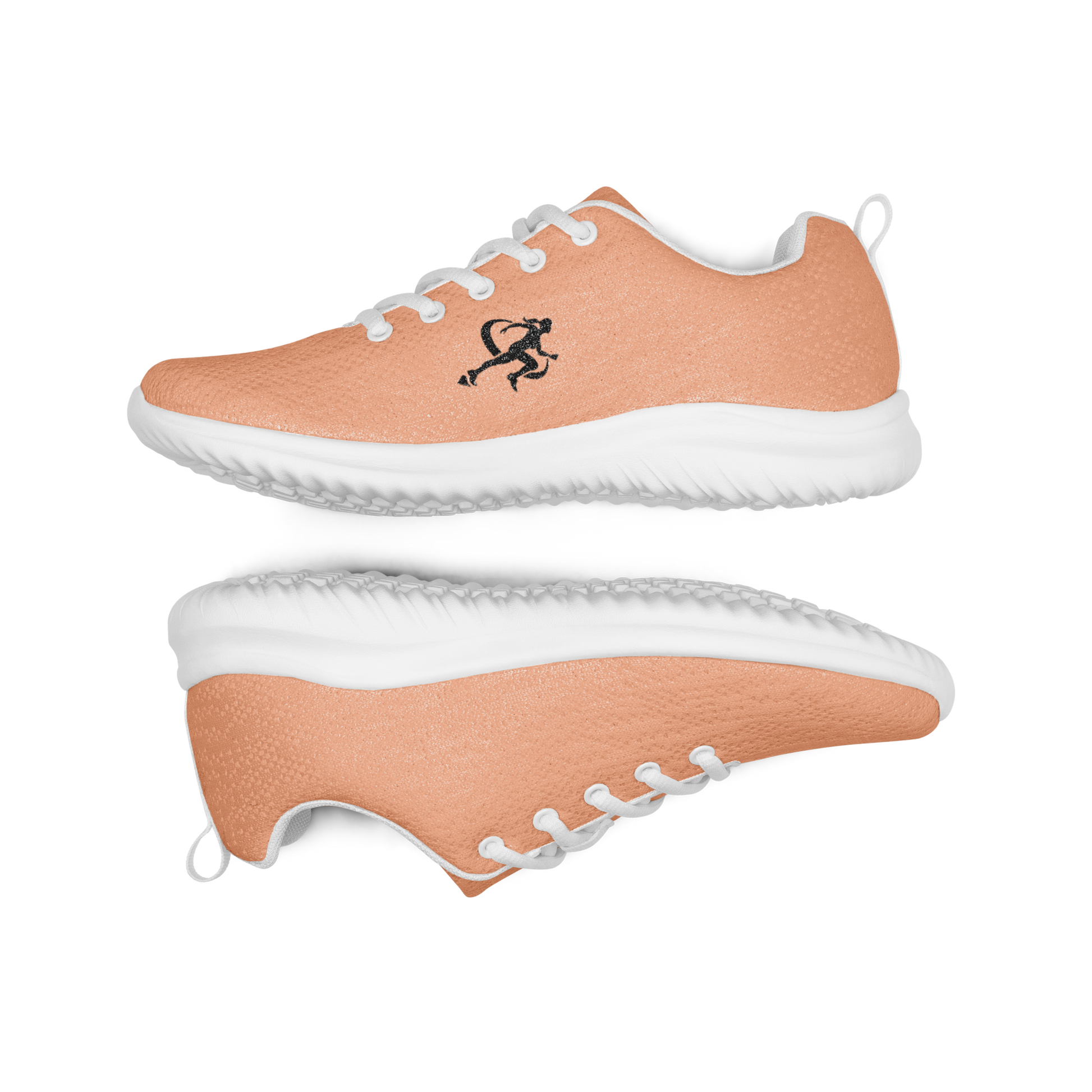 Coral running shoe with white laces on a reflective surface