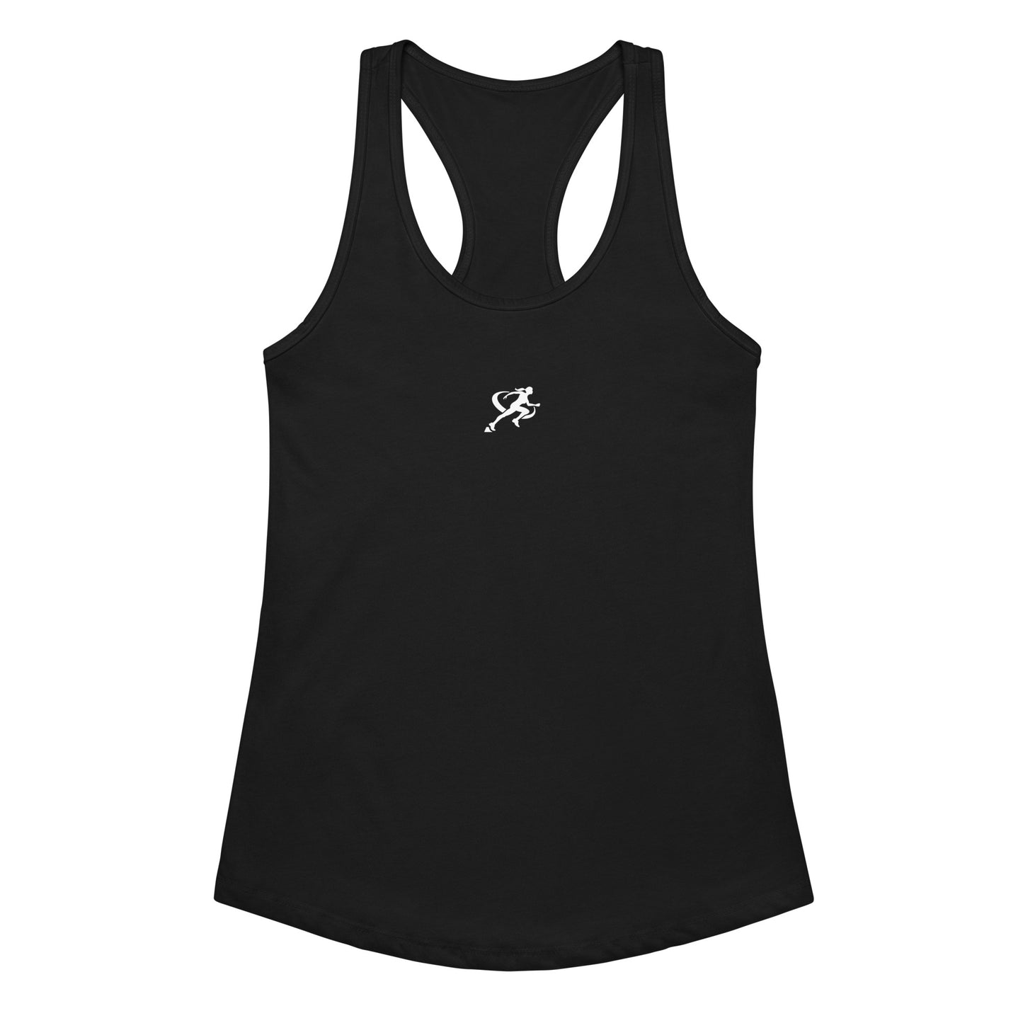 Woman wearing a black tank top with a white logo on a white background