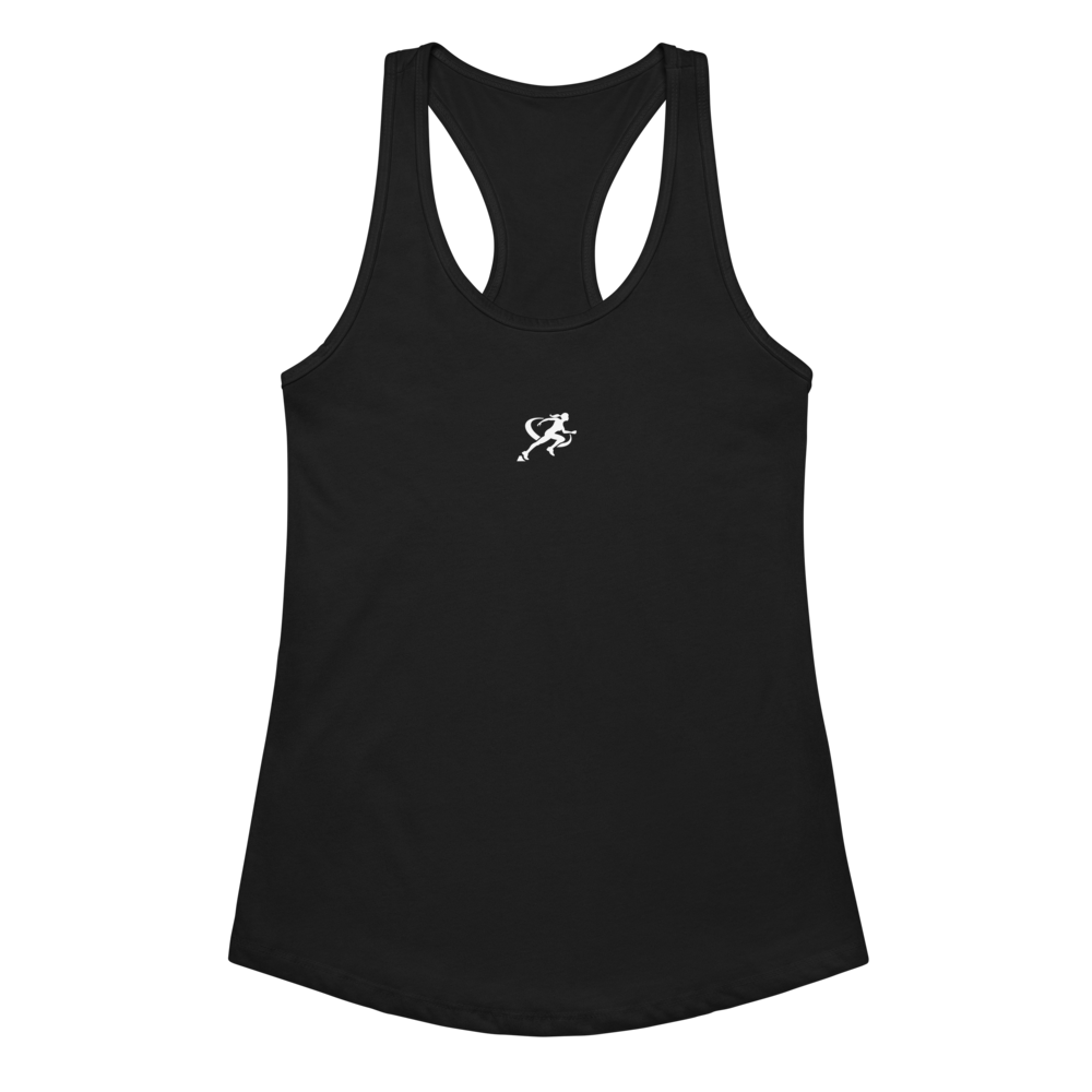 Woman wearing a black tank top with a white logo on a white background