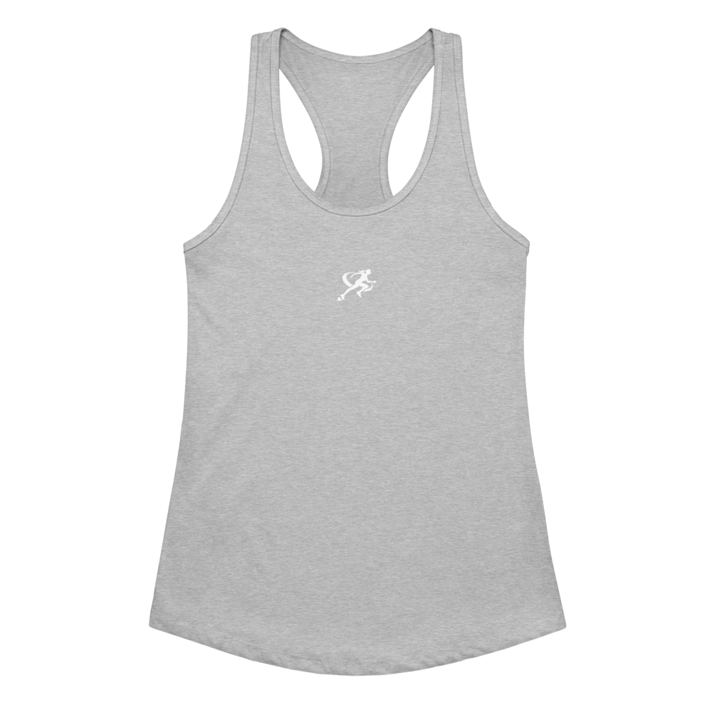 Woman wearing a heather gray tank top with a white logo on a white background