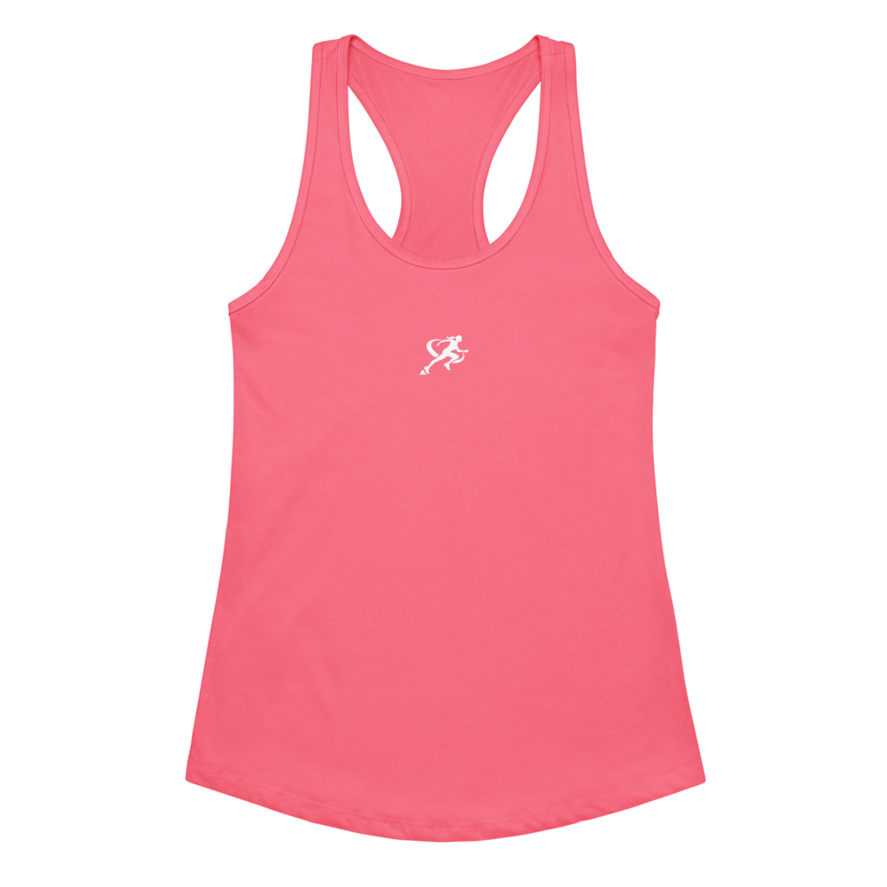 Woman wearing a pink tank top with a white logo on a white background