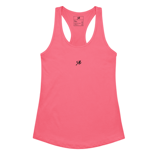 Pink tank top with a small logo on a white background