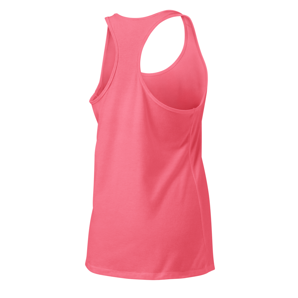 Pink tank top with a small logo on a white background