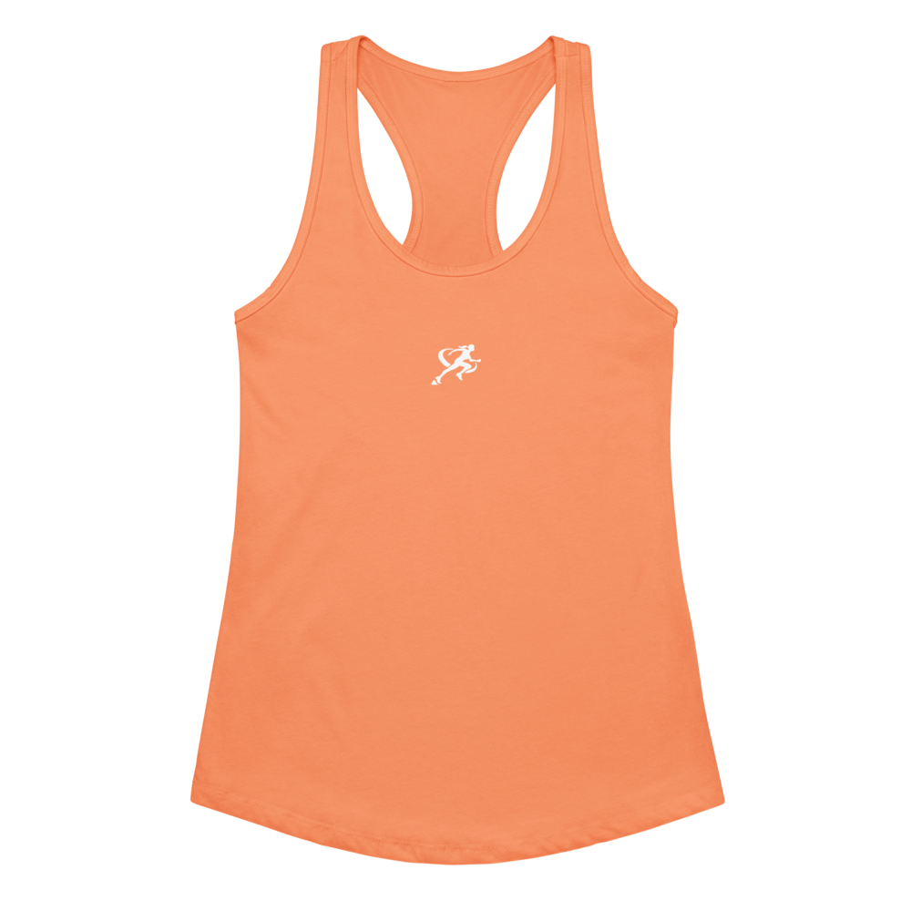 Woman wearing a light orange tank top with a white logo on a white background