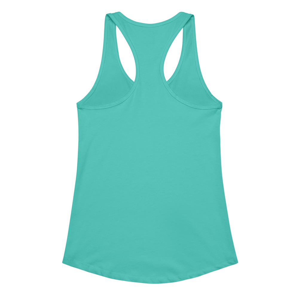 Turquoise tank top with a black logo on a white background