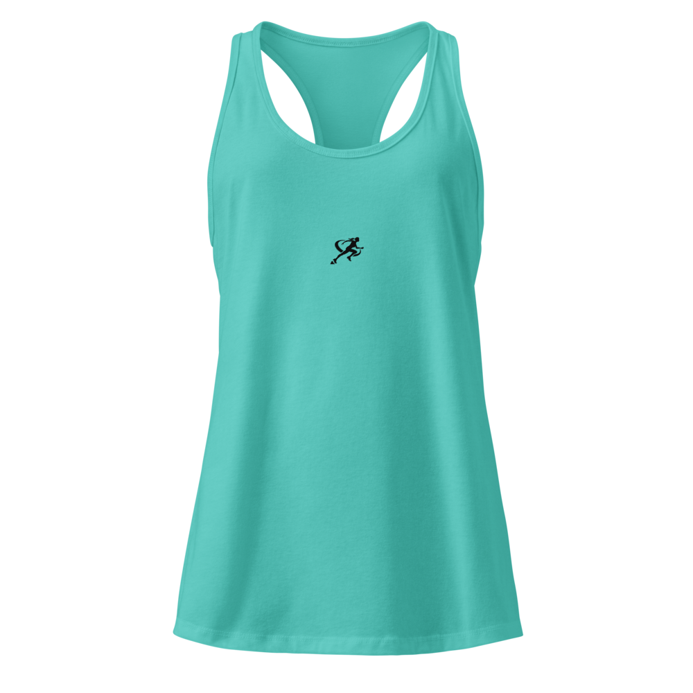 Turquoise tank top with a black logo on a white background