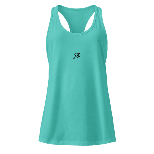 Turquoise tank top with a black logo on a white background