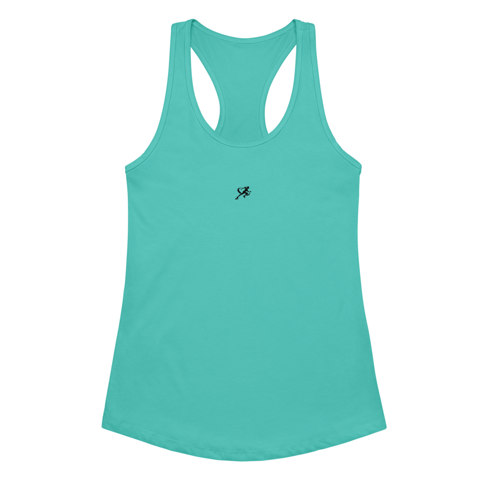 Turquoise tank top with a black logo on a white background