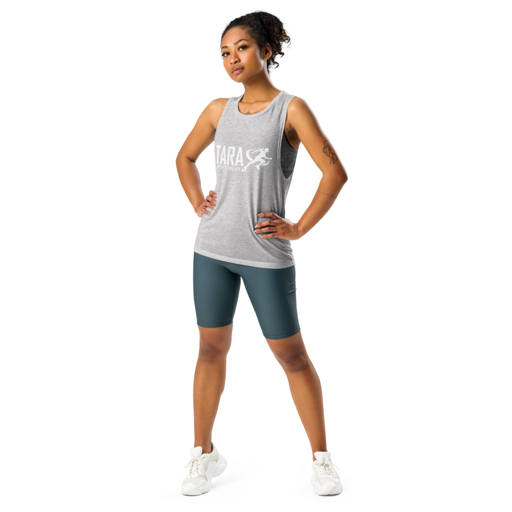 A women wearing a gray TARA Sportswear tank top with a white background 