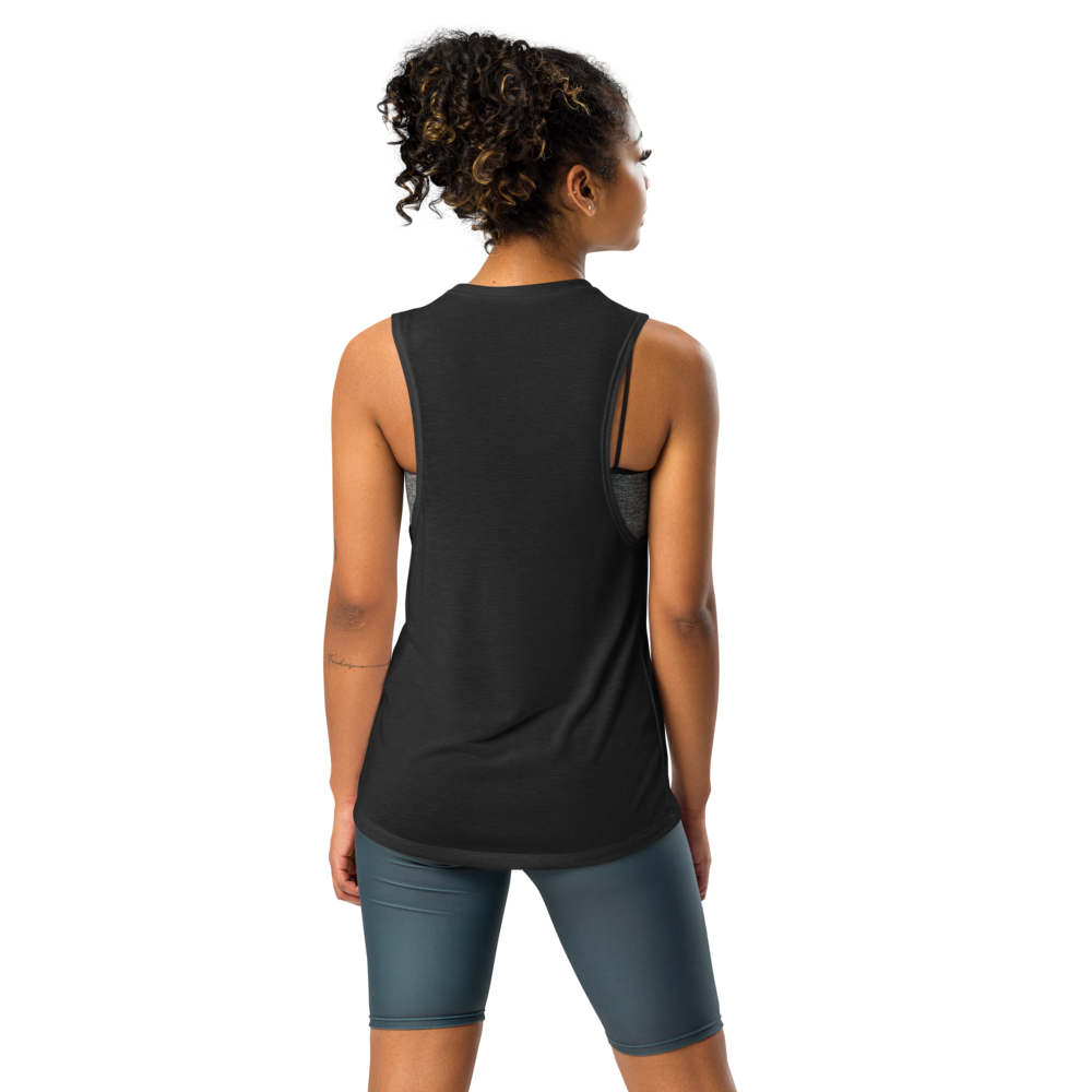 A women wearing a gray TARA Sportswear tank top with a white background from the back
