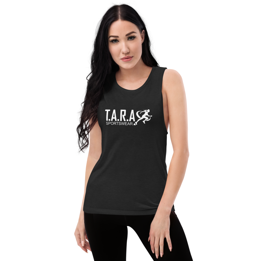 A women wearing a black TARA Sportswear tank top with a white background 