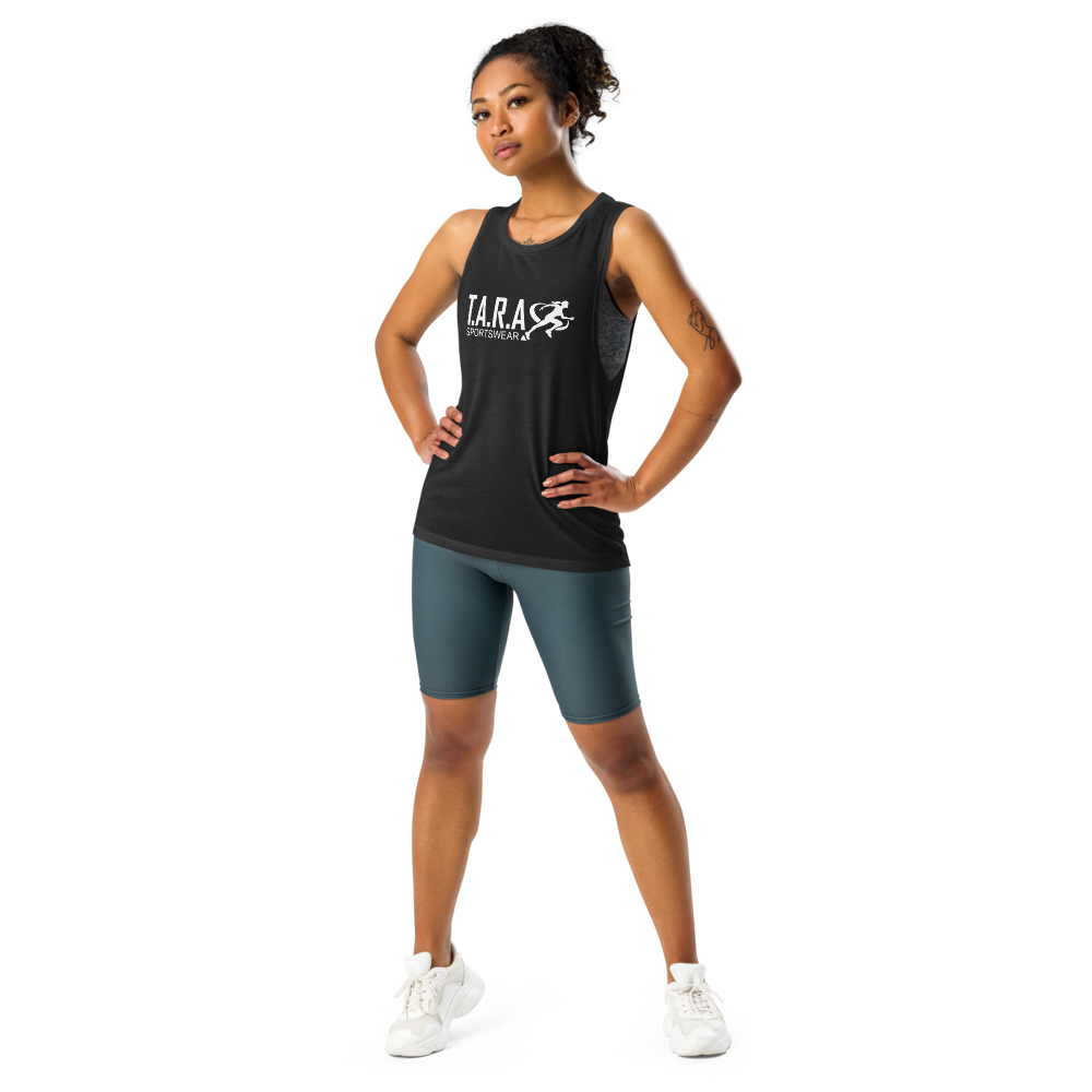 A women wearing a black TARA Sportswear tank top with a white background 