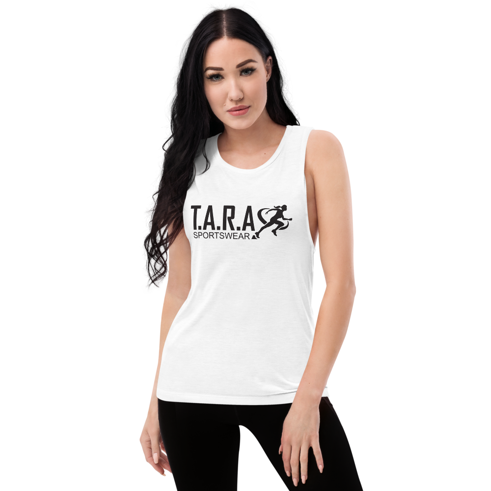 A women wearing a white TARA Sportswear tank top with a white background 