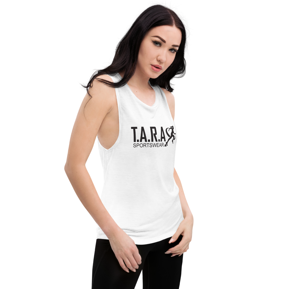 A women wearing a white TARA Sportswear tank top with a white background 