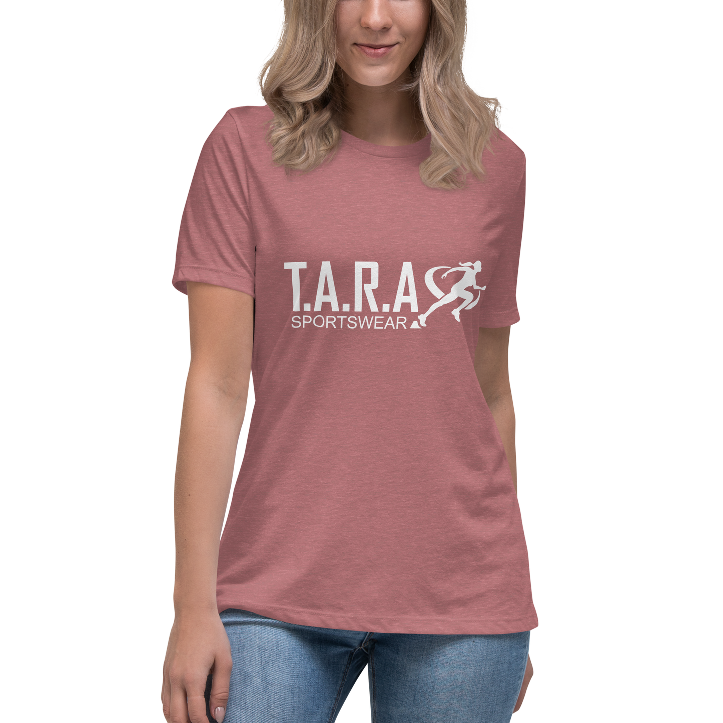 A women is wearing a heather mauve TARA Sportswear T-Shirt with a white background