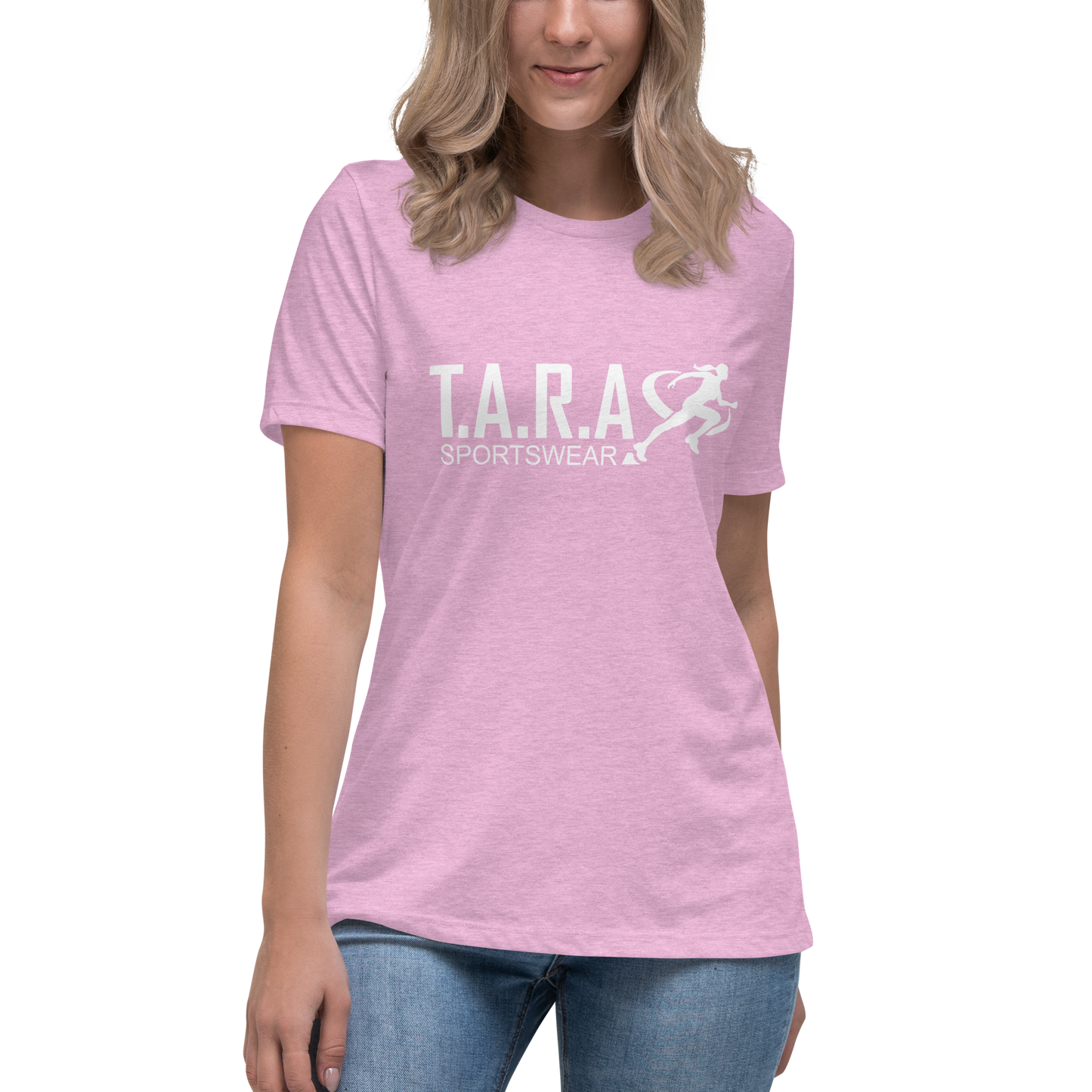 A women is wearing a lilac TARA Sportswear T-Shirt with a white background
