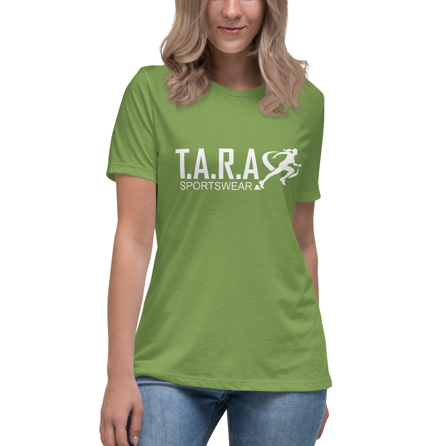 A women is wearing a leaf TARA Sportswear T-Shirt with a white background