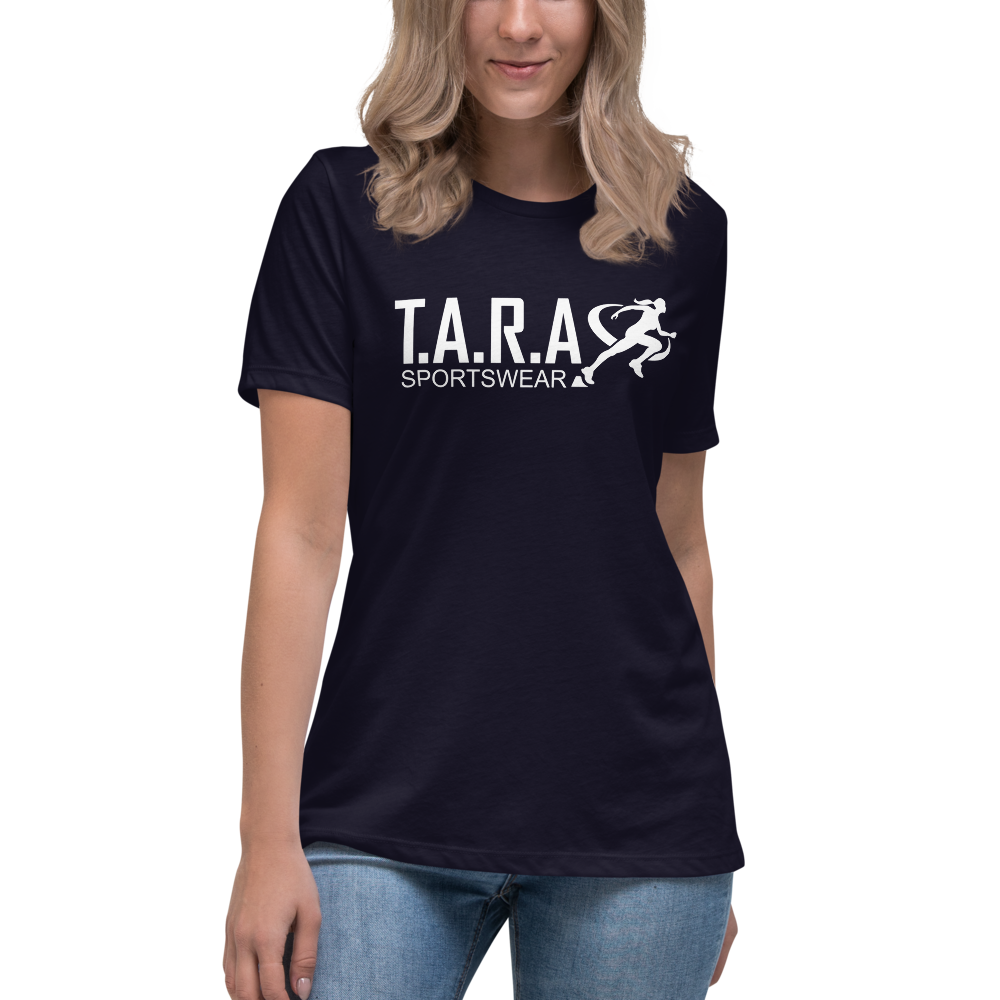 A women is wearing a Black TARA Sportswear T-Shirt with a white background