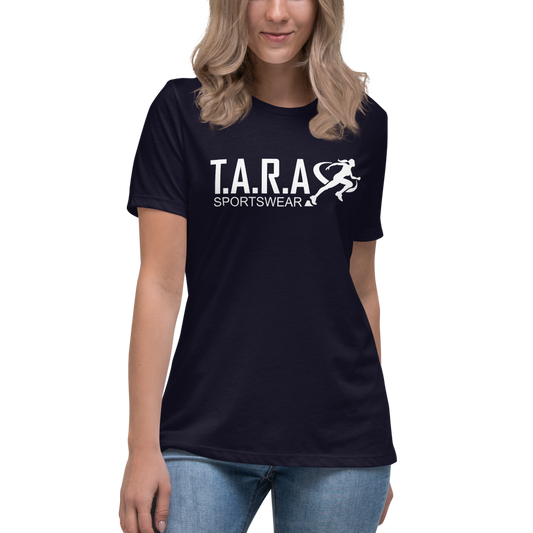 A women is wearing a Black TARA Sportswear T-Shirt with a white background