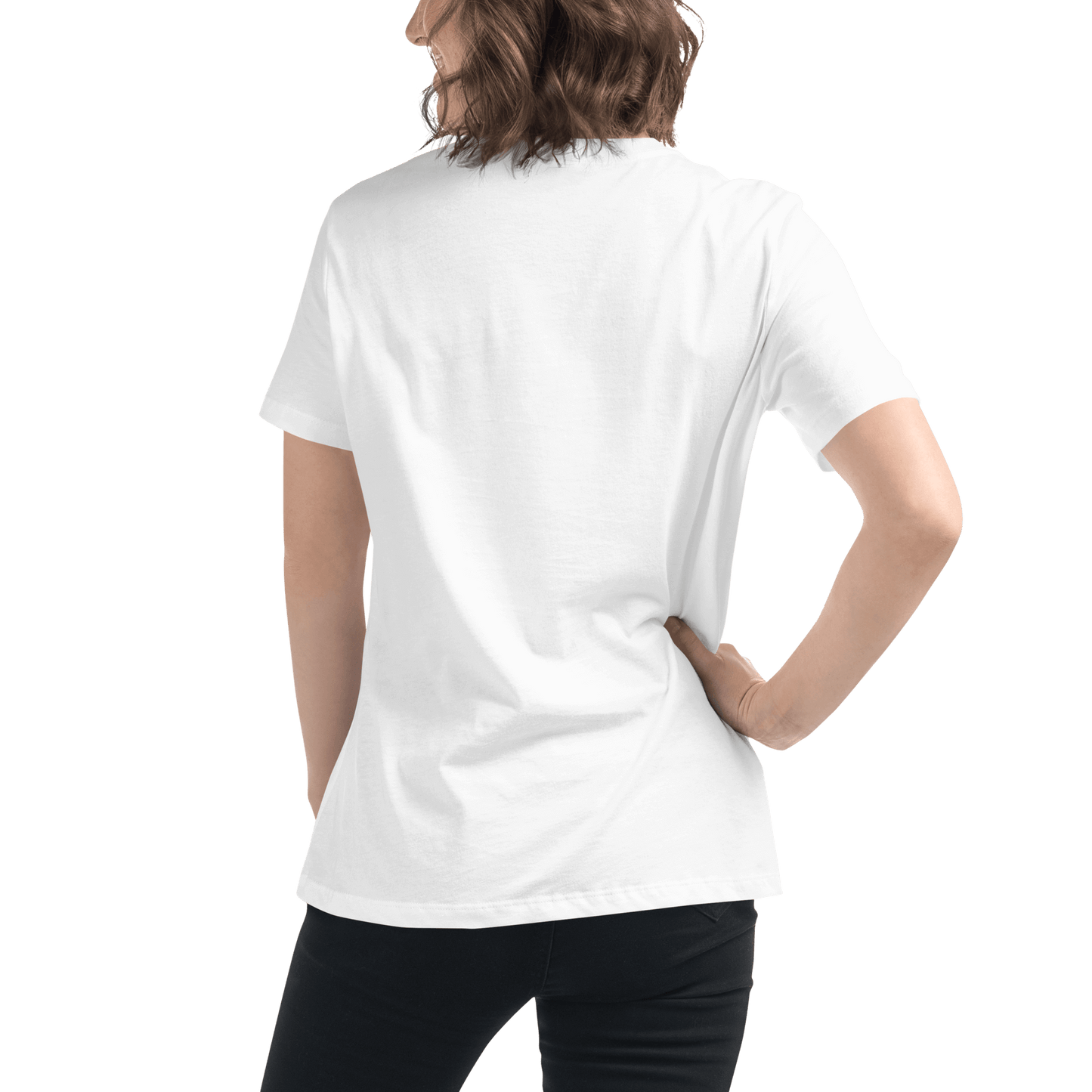 Woman wearing a white t-shirt with a logo on a white background
