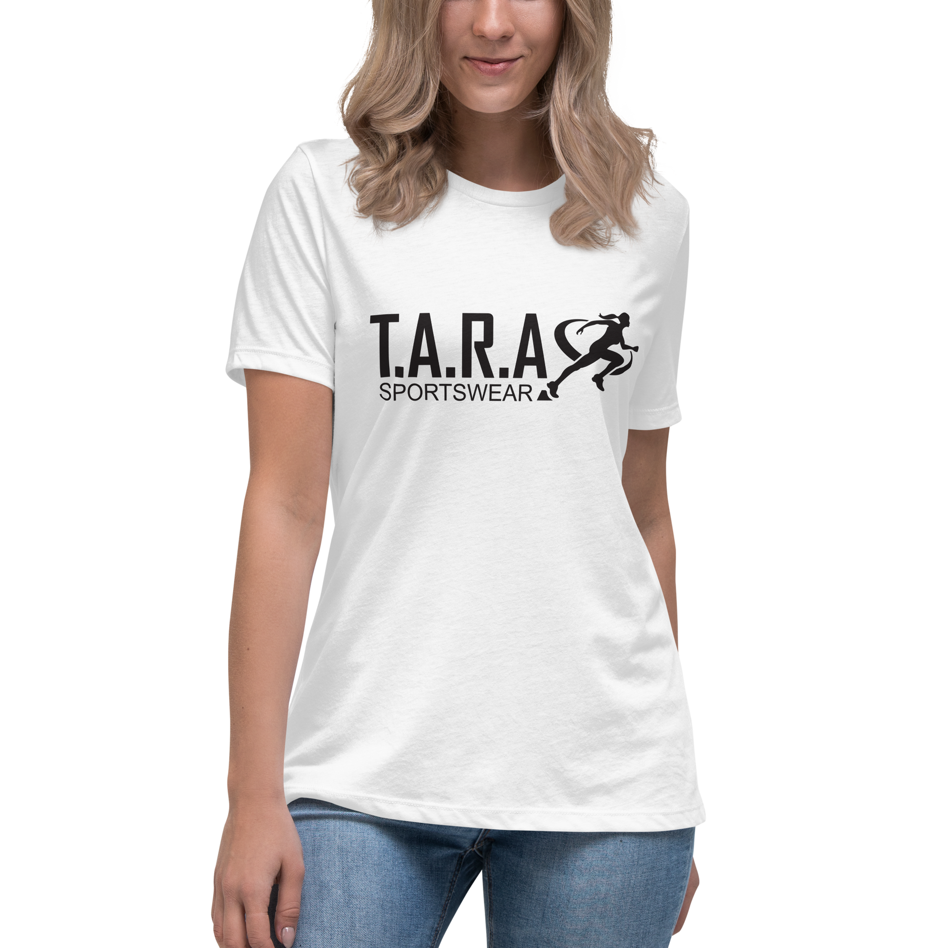 A women is wearing a white TARA Sportswear T-Shirt with a white background