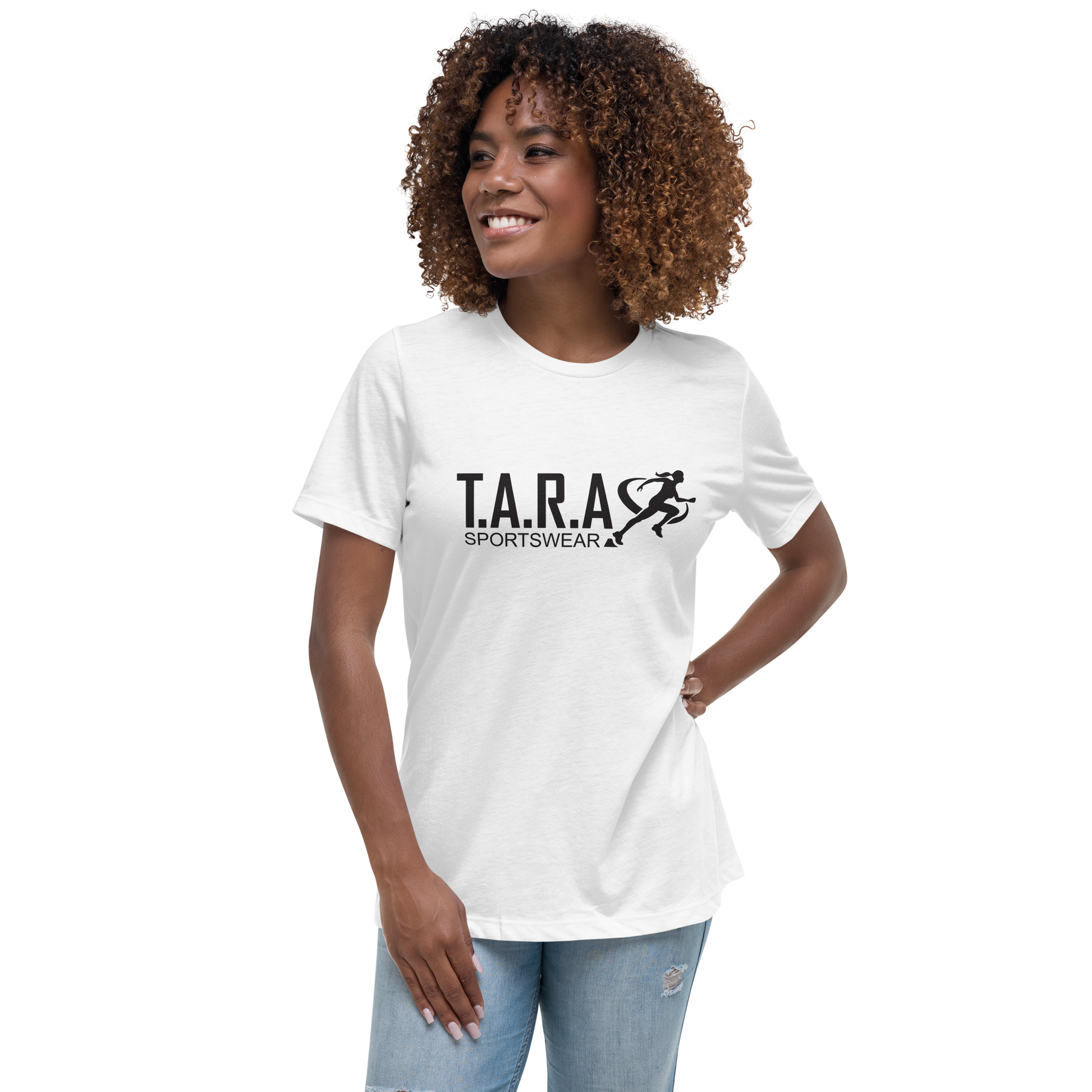 A women is wearing a white TARA Sportswear T-Shirt with a white background