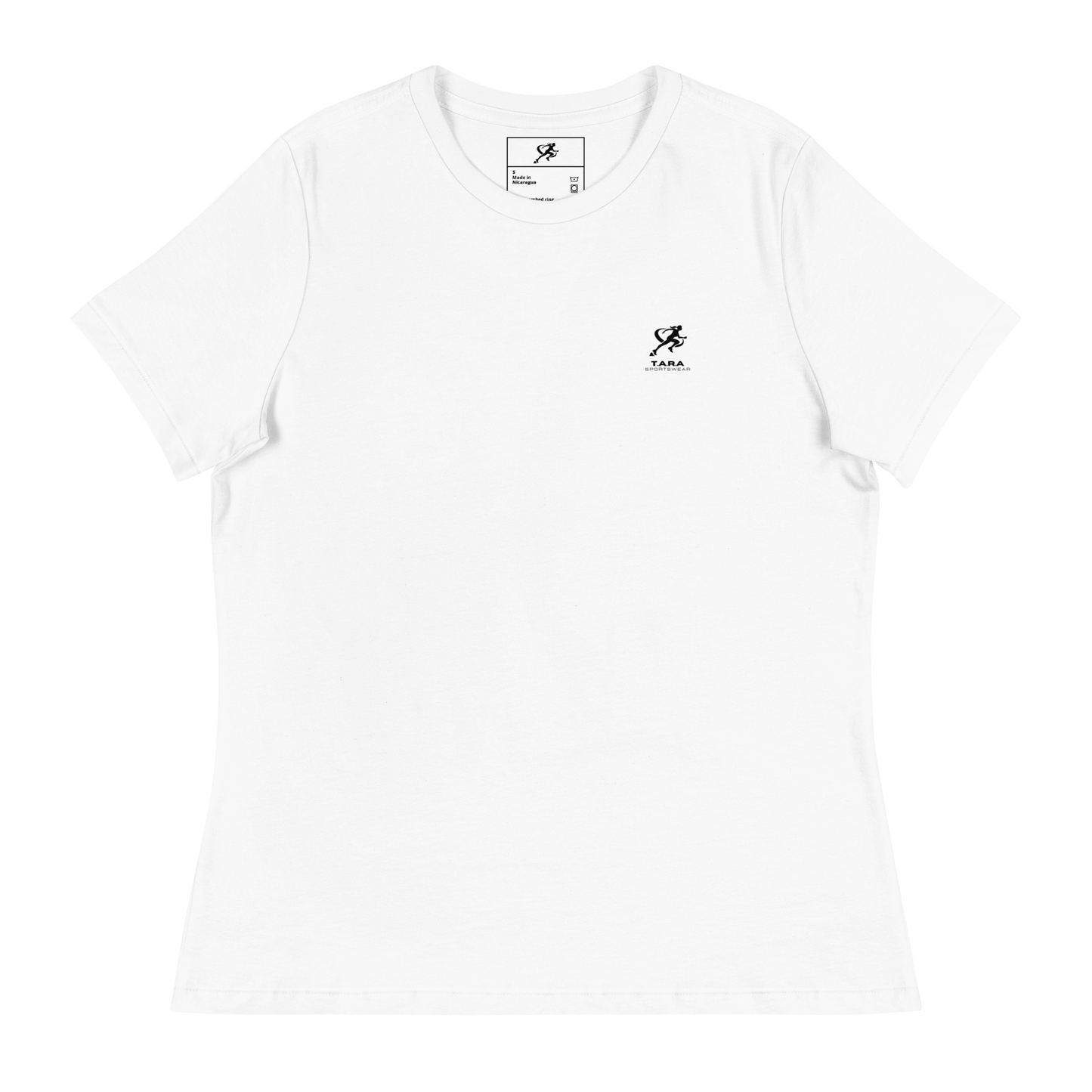 Woman wearing a white t-shirt with a logo on a white background
