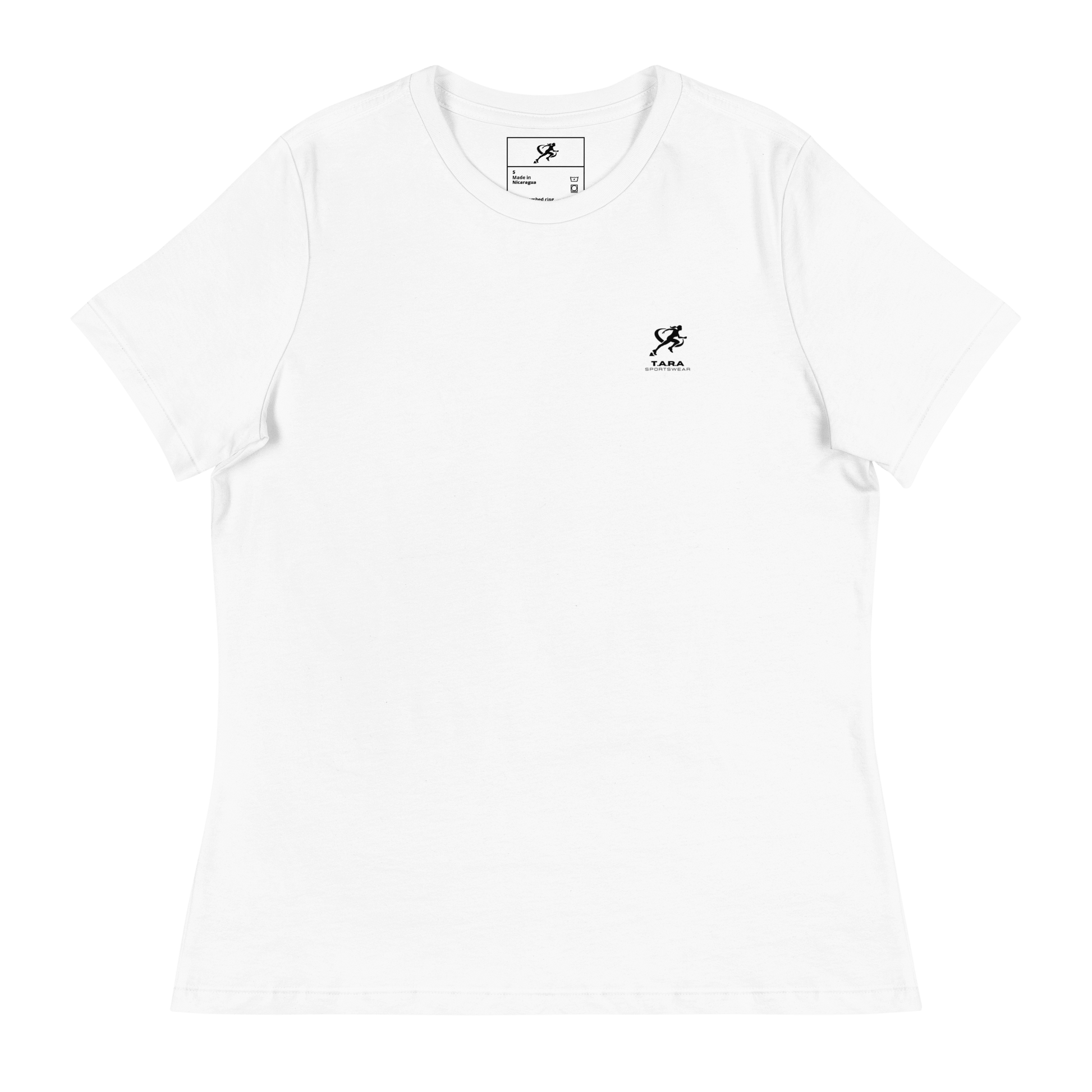 Woman wearing a white t-shirt with a logo on a white background
