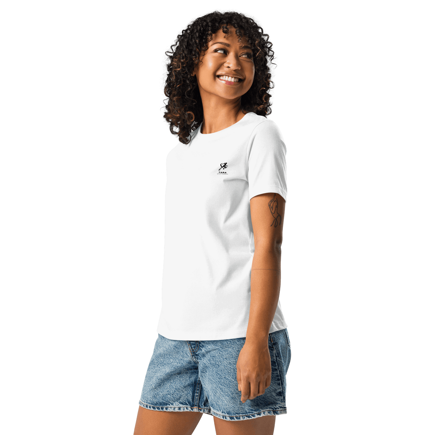 Woman wearing a white t-shirt with a logo on a white background