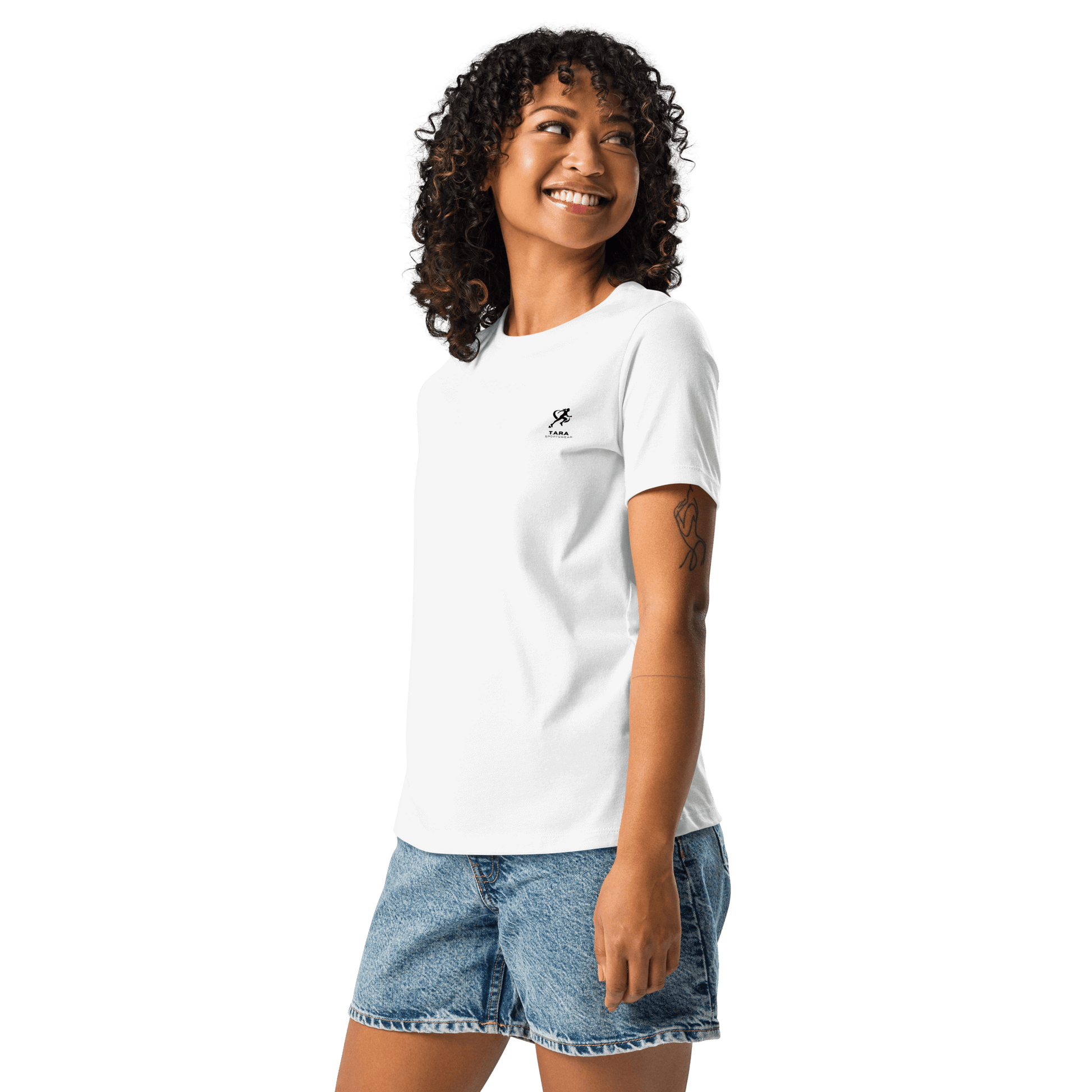 Woman wearing a white t-shirt with a logo on a white background
