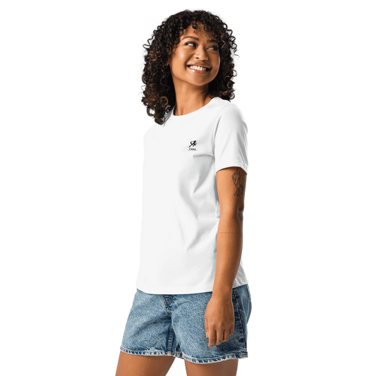 Woman wearing a white t-shirt with a logo on a white background
