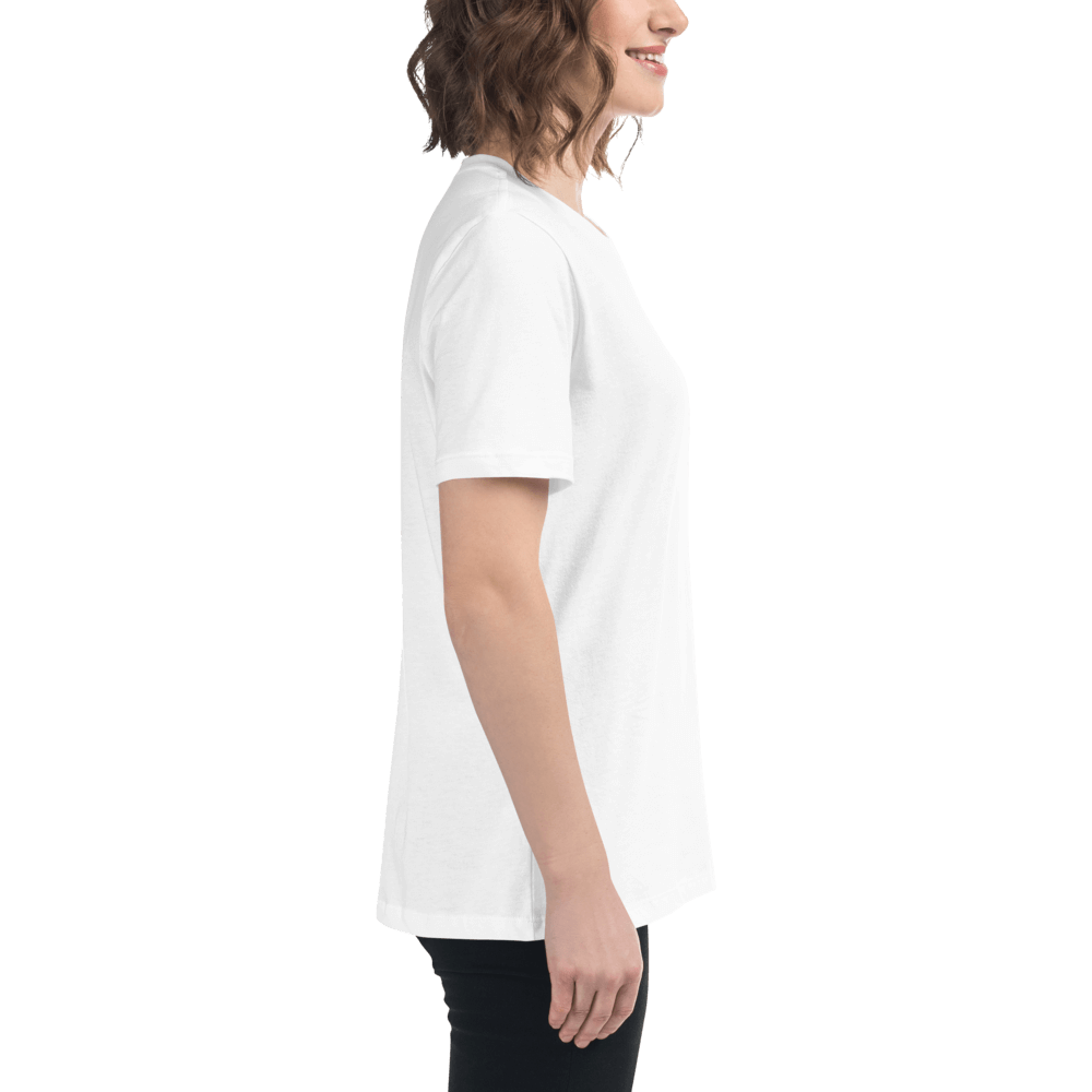 Woman wearing a white t-shirt with a logo on a white background